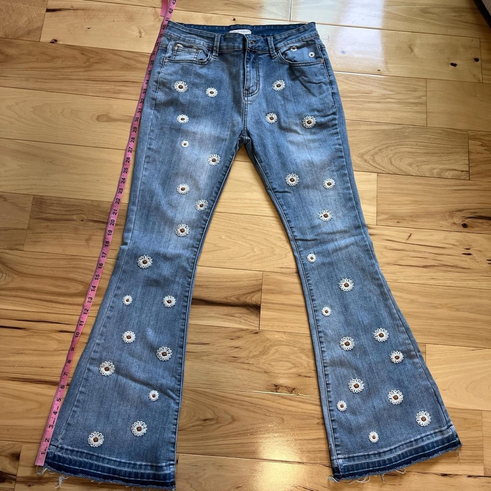 Blue Flare Wide Leg Jeans with Metallic Grommets